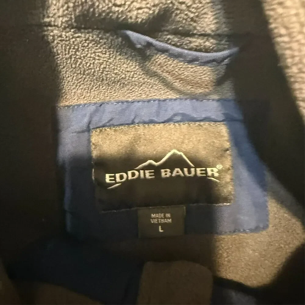 Eddie Bauer Mens Fleece Lined Harrington Jacket Size L Blue Nylon Full Zip Logo